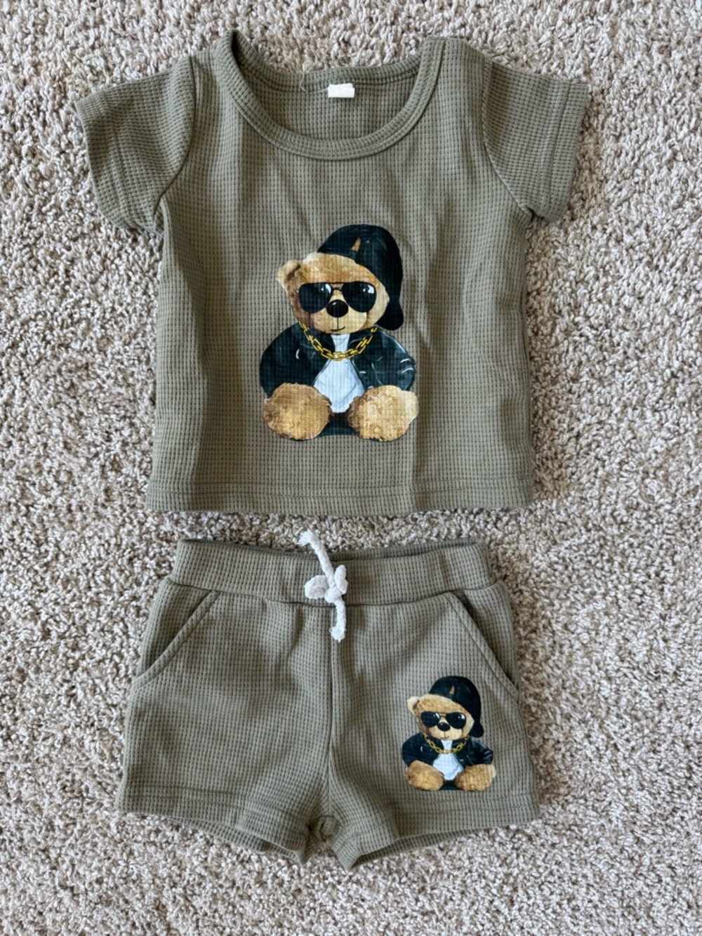 Kids Khaki Waffle Knit Teddy Bear Top & Shorts Set